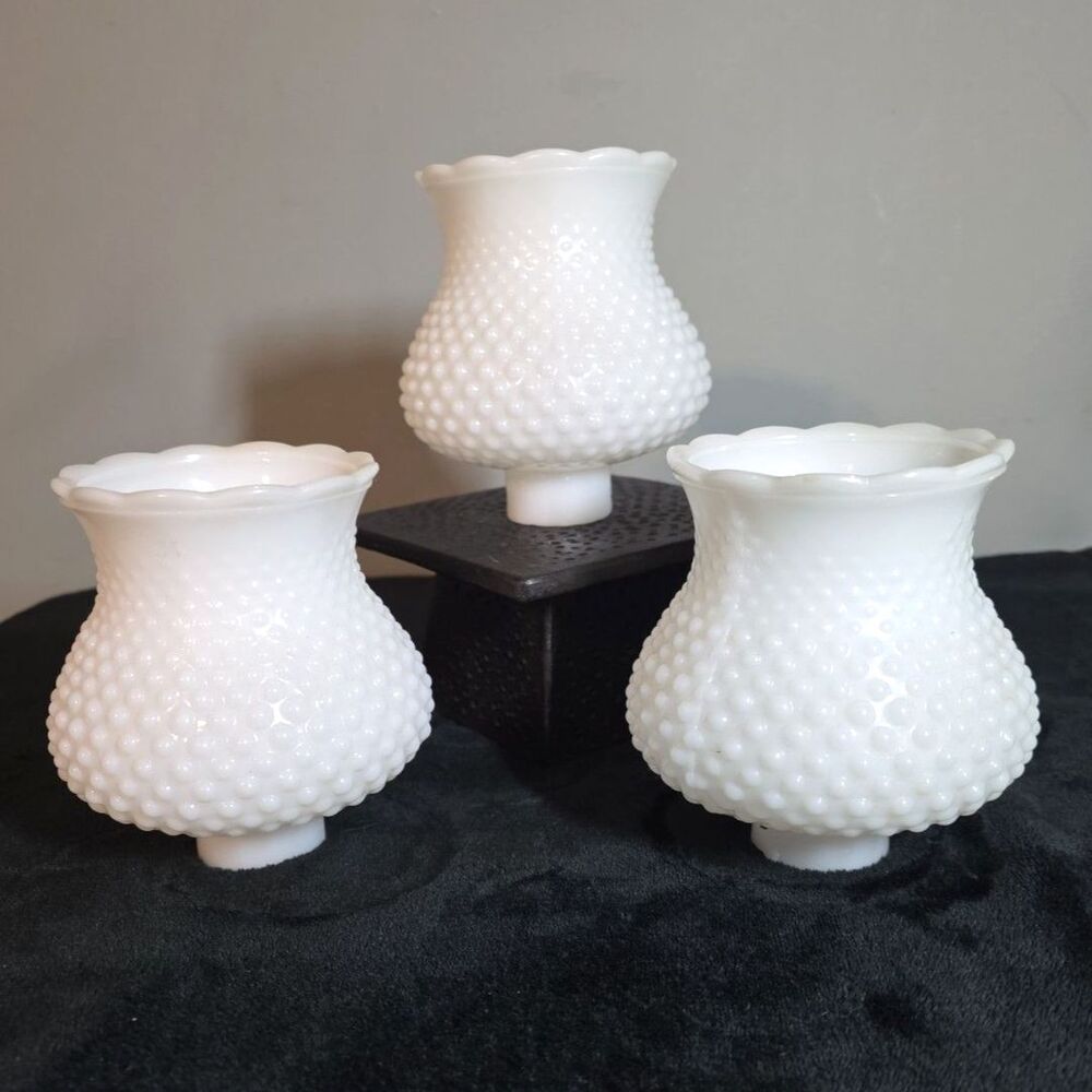 Vintage White Milk Glass Hobnail Chimney Lamp Shades Set of 3 Ruffled Rim 5 Inch